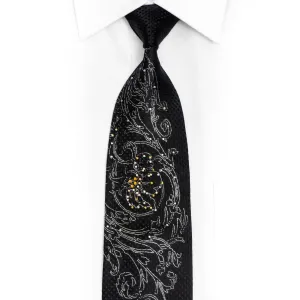 Silver Acanthus On Black Rhinestone Silk Tie With Sparkles