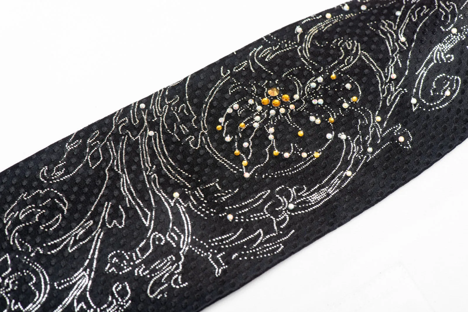 Silver Acanthus On Black Rhinestone Silk Tie With Sparkles