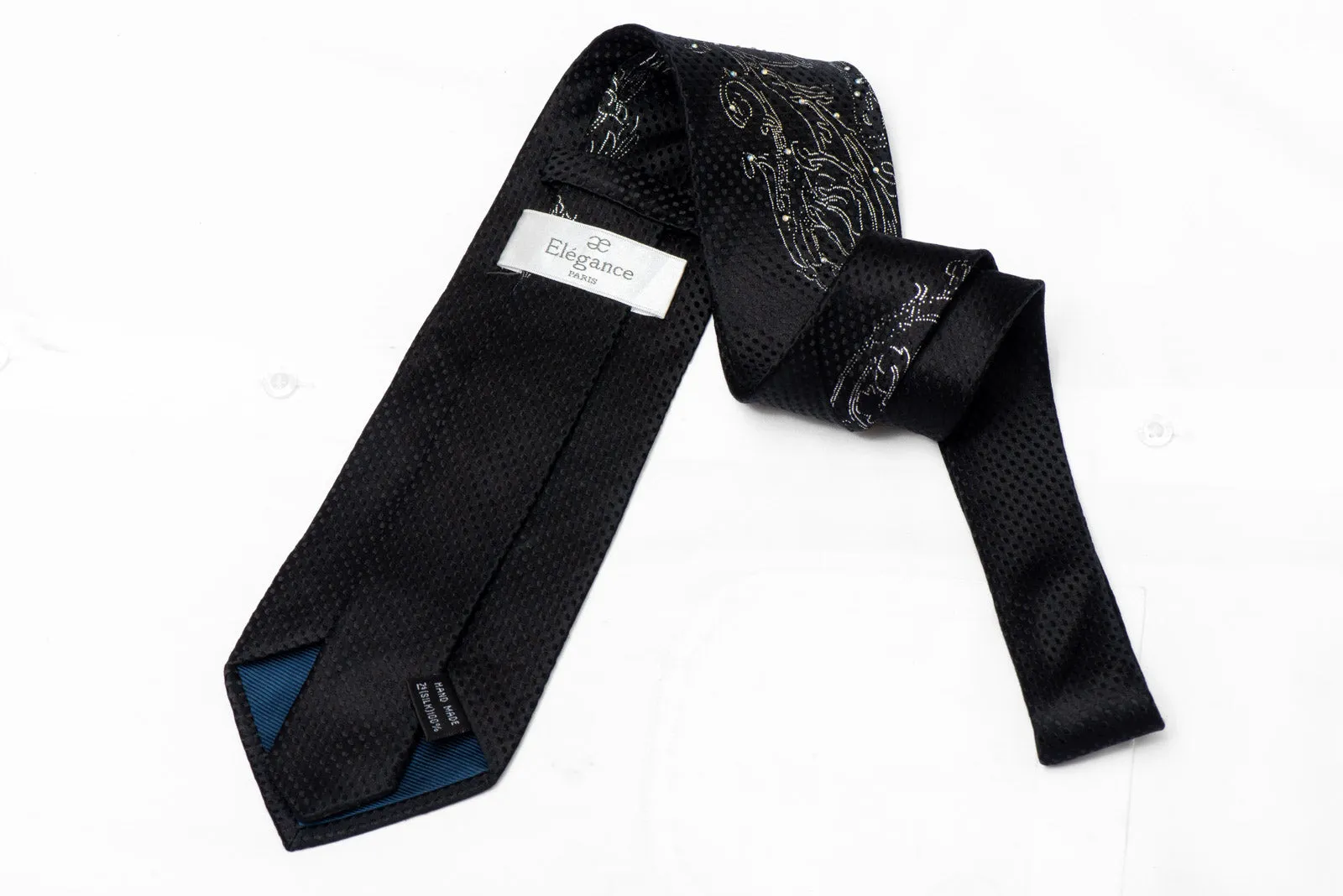 Silver Acanthus On Black Rhinestone Silk Tie With Sparkles