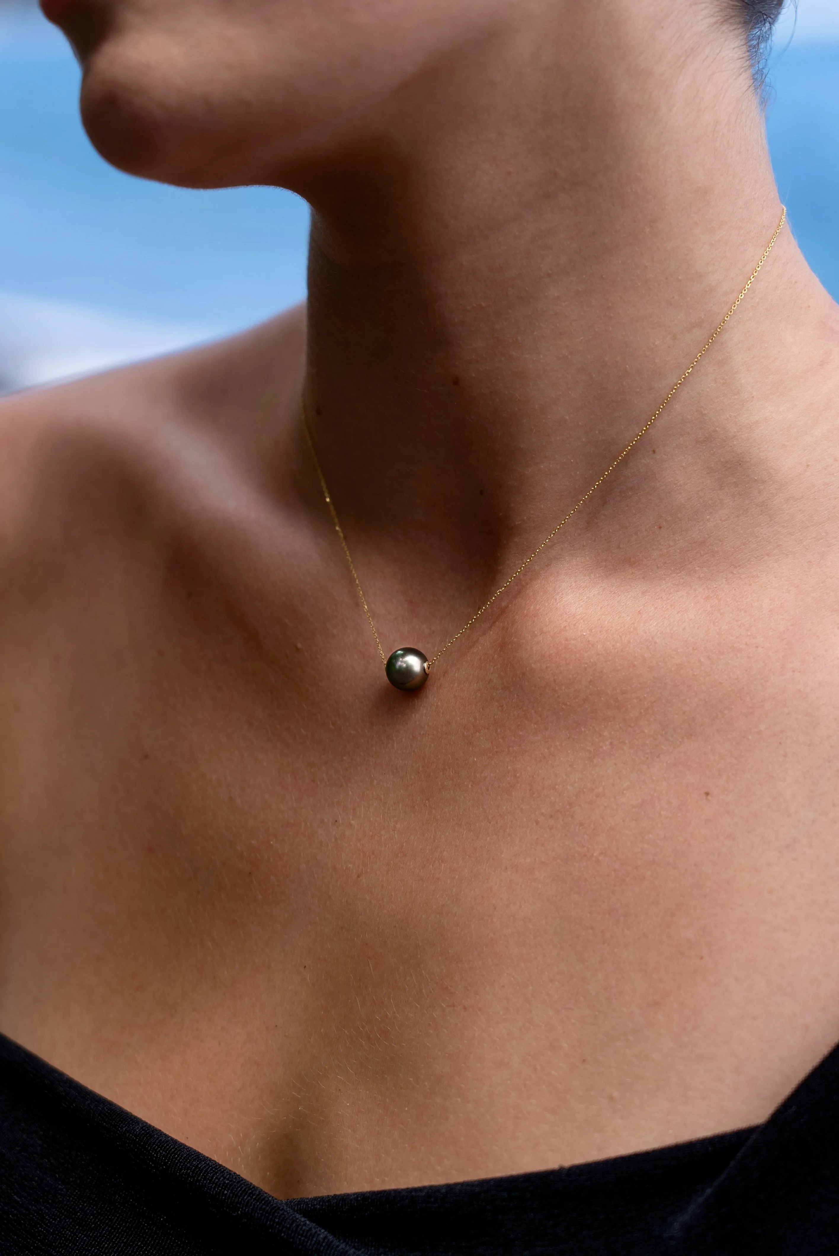 Silvery Blue 10mm Tahitian Pearl Solitaire Necklace on 14K Rose Gold