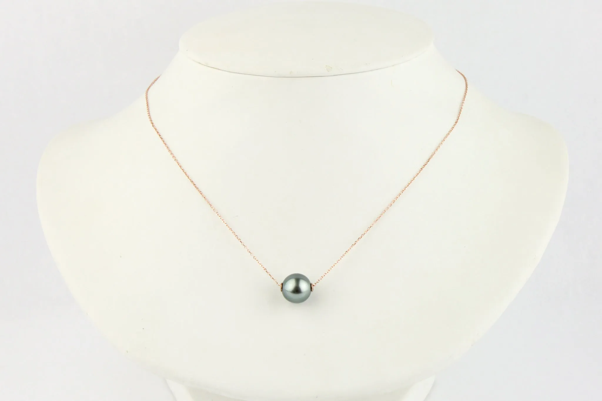 Silvery Blue 10mm Tahitian Pearl Solitaire Necklace on 14K Rose Gold