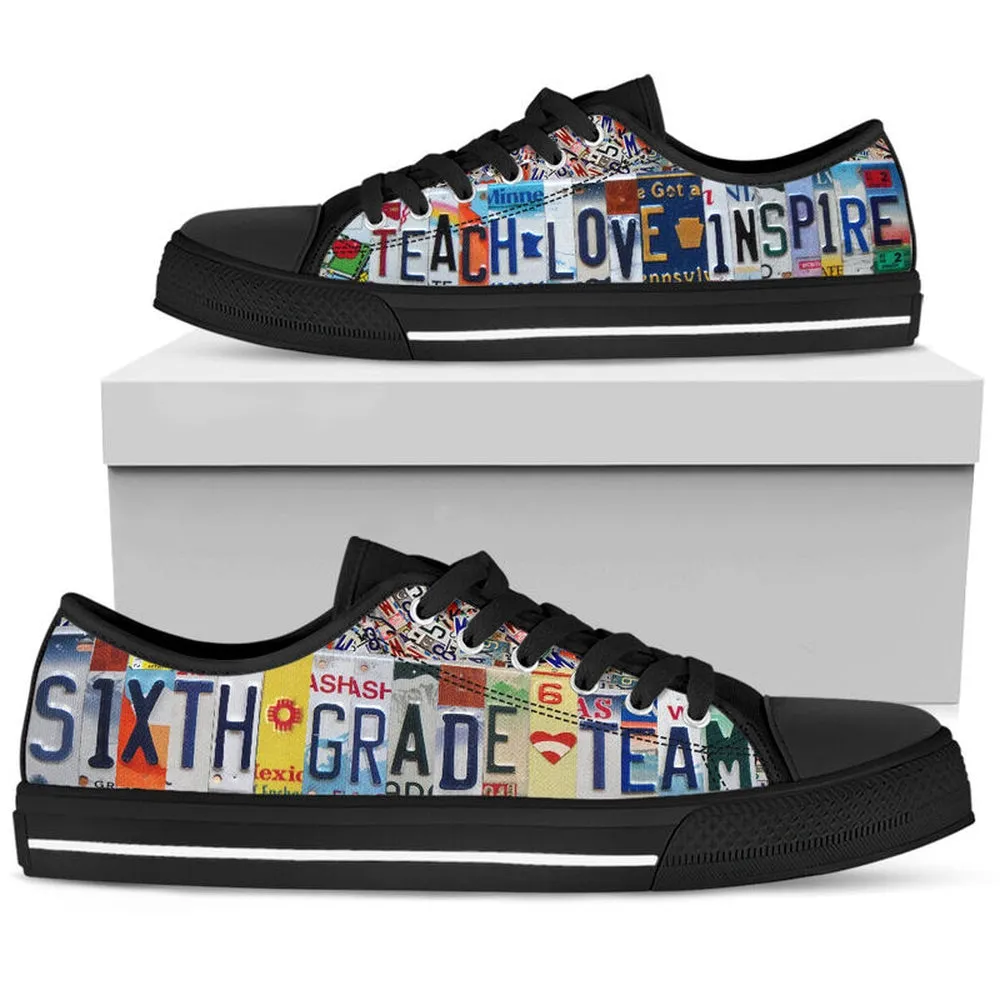 Sixth Grade Team License Plates Low Top Black Shoes, Teacher Shoes, Low Top Sneakers