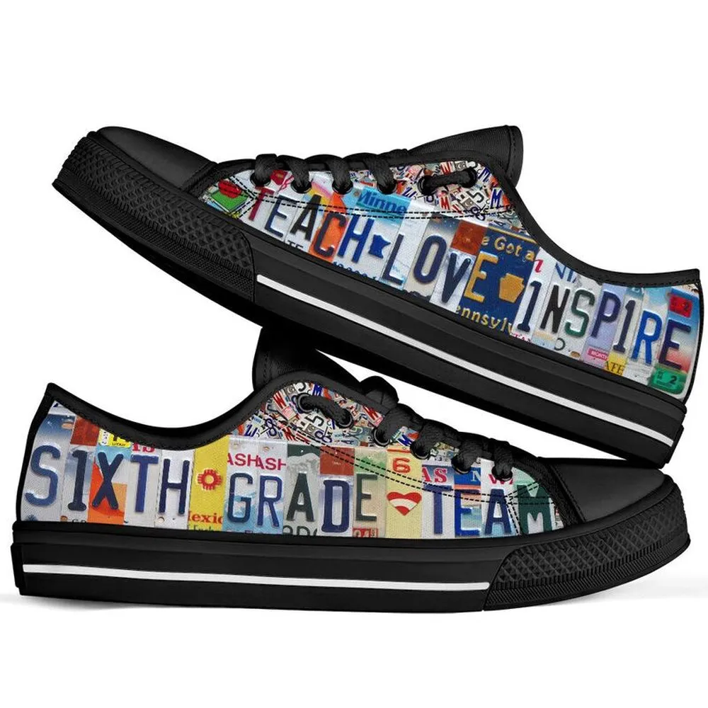 Sixth Grade Team License Plates Low Top Black Shoes, Teacher Shoes, Low Top Sneakers