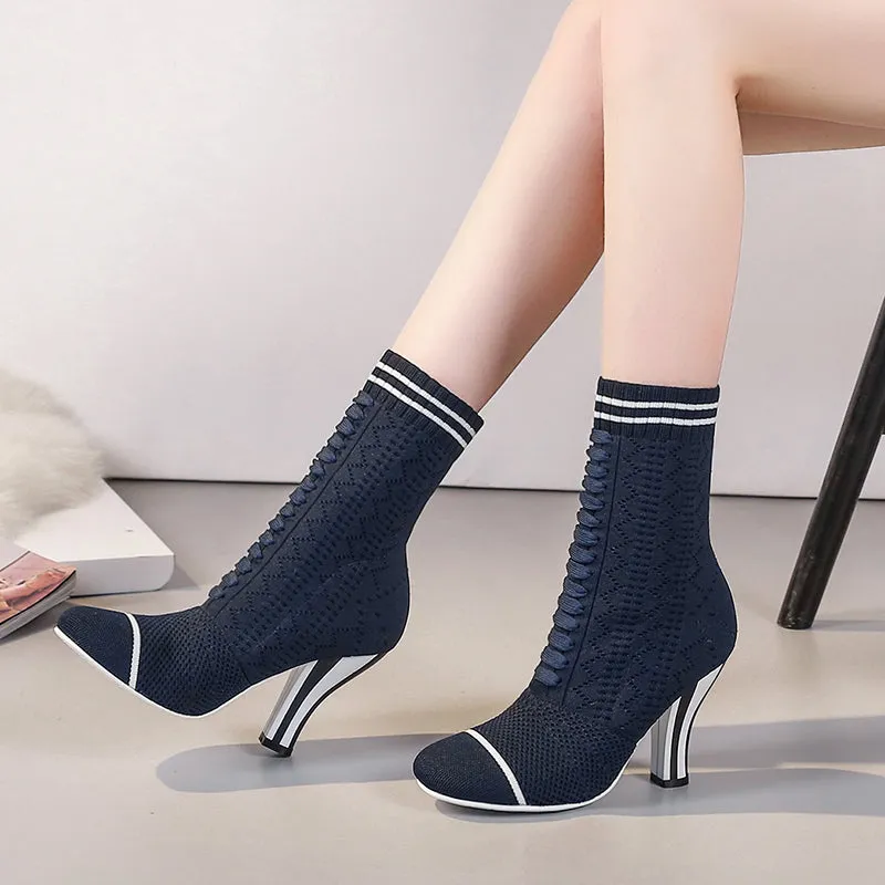 spring autumn fashion Stretch boots high heels slip on ankle boots shoes for woman plus size square heels