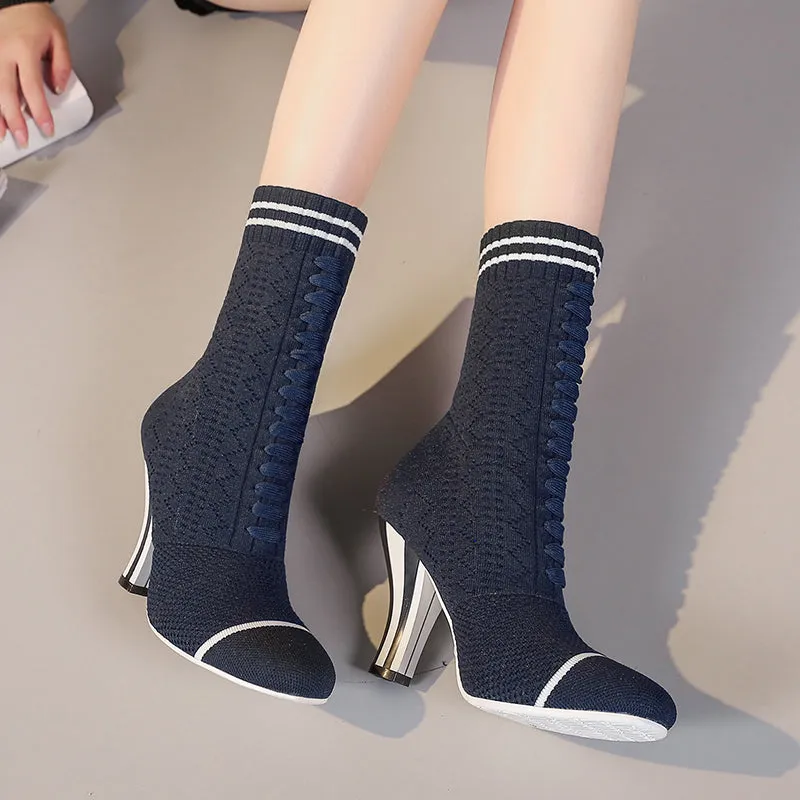 spring autumn fashion Stretch boots high heels slip on ankle boots shoes for woman plus size square heels