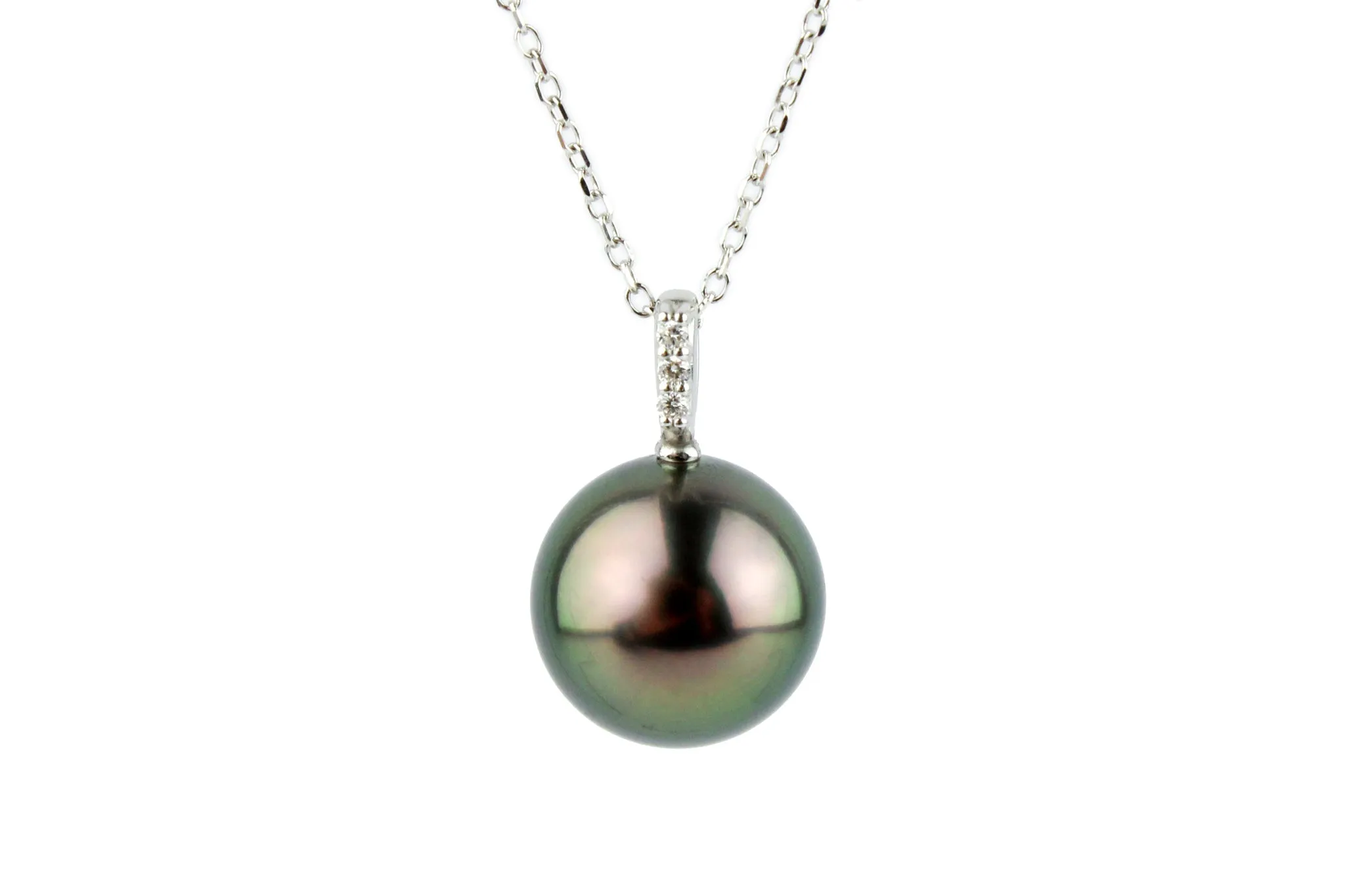 Tahitian Aubergine-Green Peacock Pearl & Diamond Éclat Pendant or Necklace on 14KWG