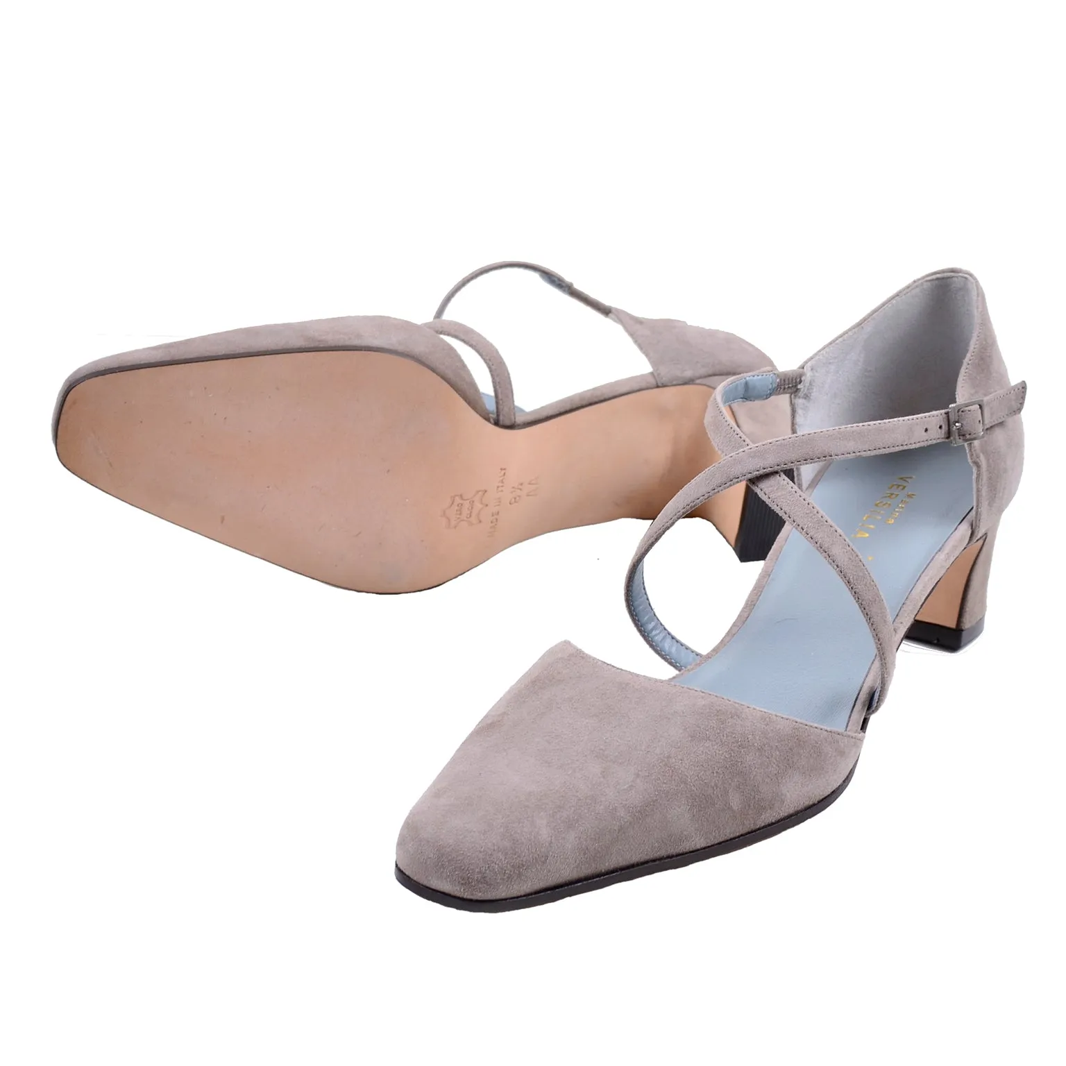 Vintage Grey Suede Cross Strap Block Heels 8.5AA