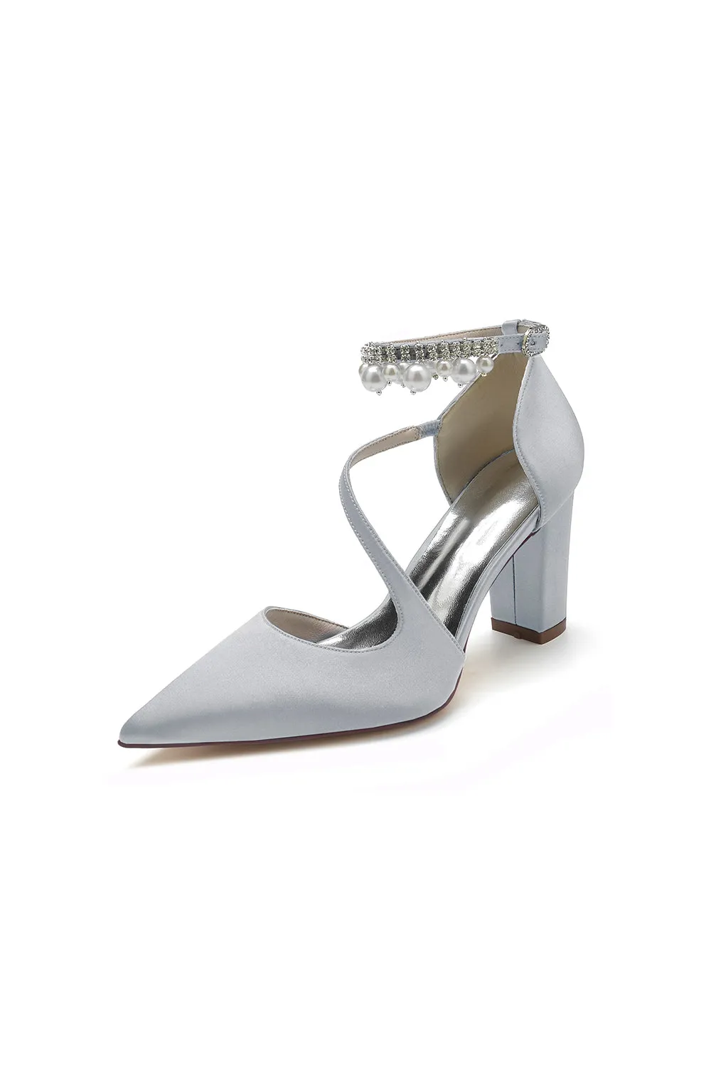 White Satin Heels with Cross-Strap Design and Pearl-Accented Buckle