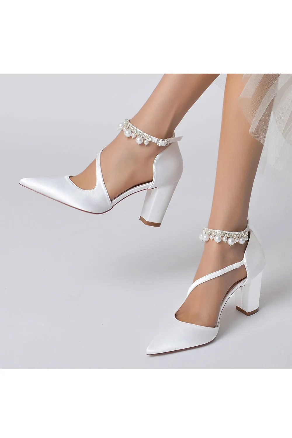 White Satin Heels with Cross-Strap Design and Pearl-Accented Buckle