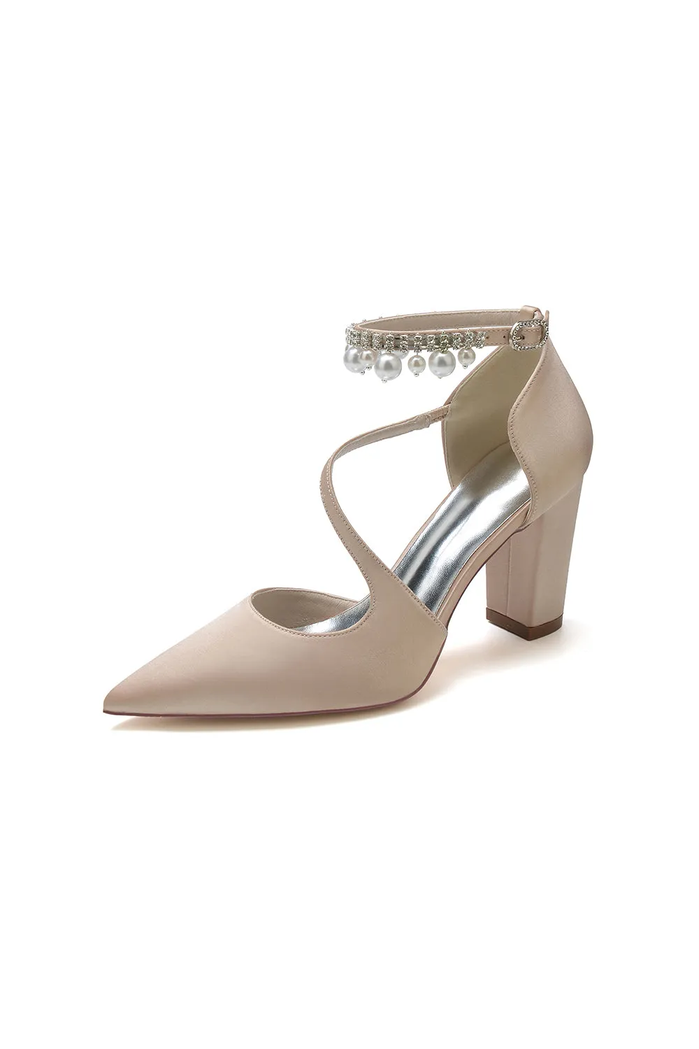 White Satin Heels with Cross-Strap Design and Pearl-Accented Buckle