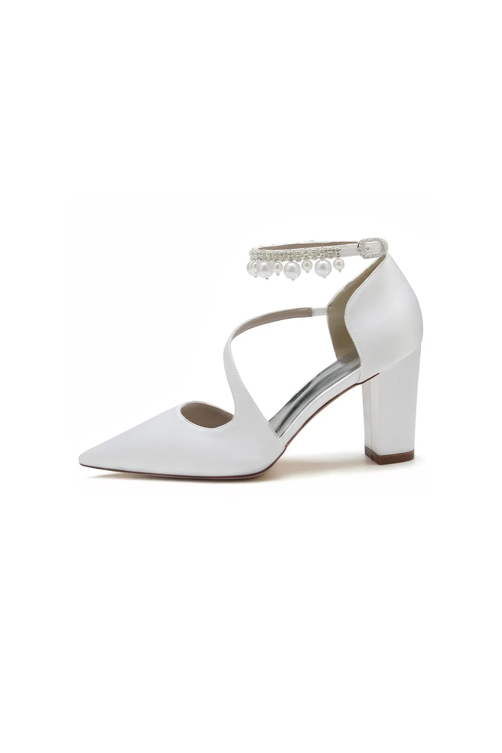 White Satin Heels with Cross-Strap Design and Pearl-Accented Buckle