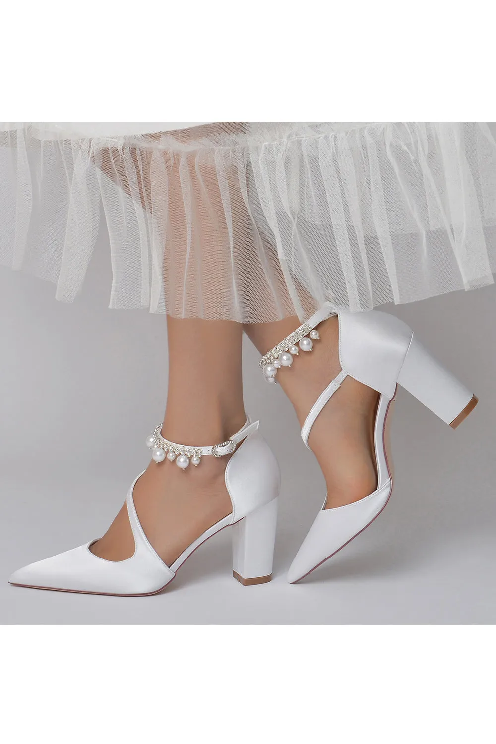 White Satin Heels with Cross-Strap Design and Pearl-Accented Buckle