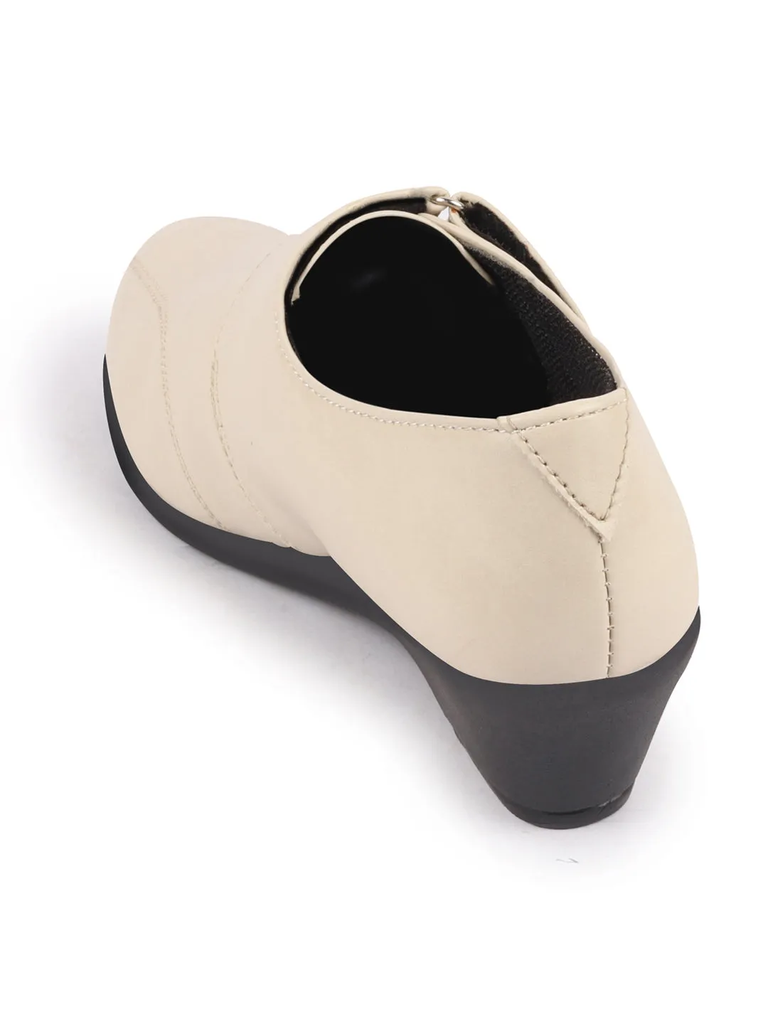 Women Cream Outdoor Fashion Hook and Loop Platform Heel Slip On Shoes