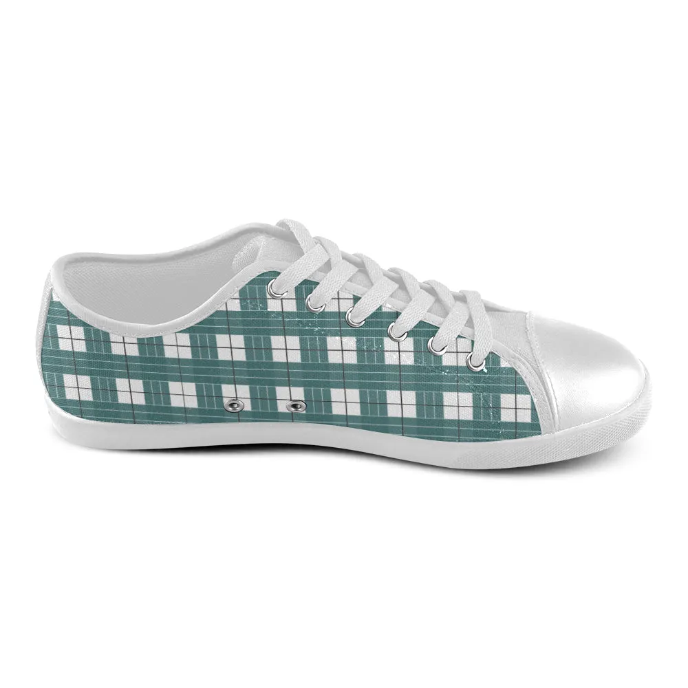 Women's Big Size Green Whites Checks Print Low Top Canvas Shoes