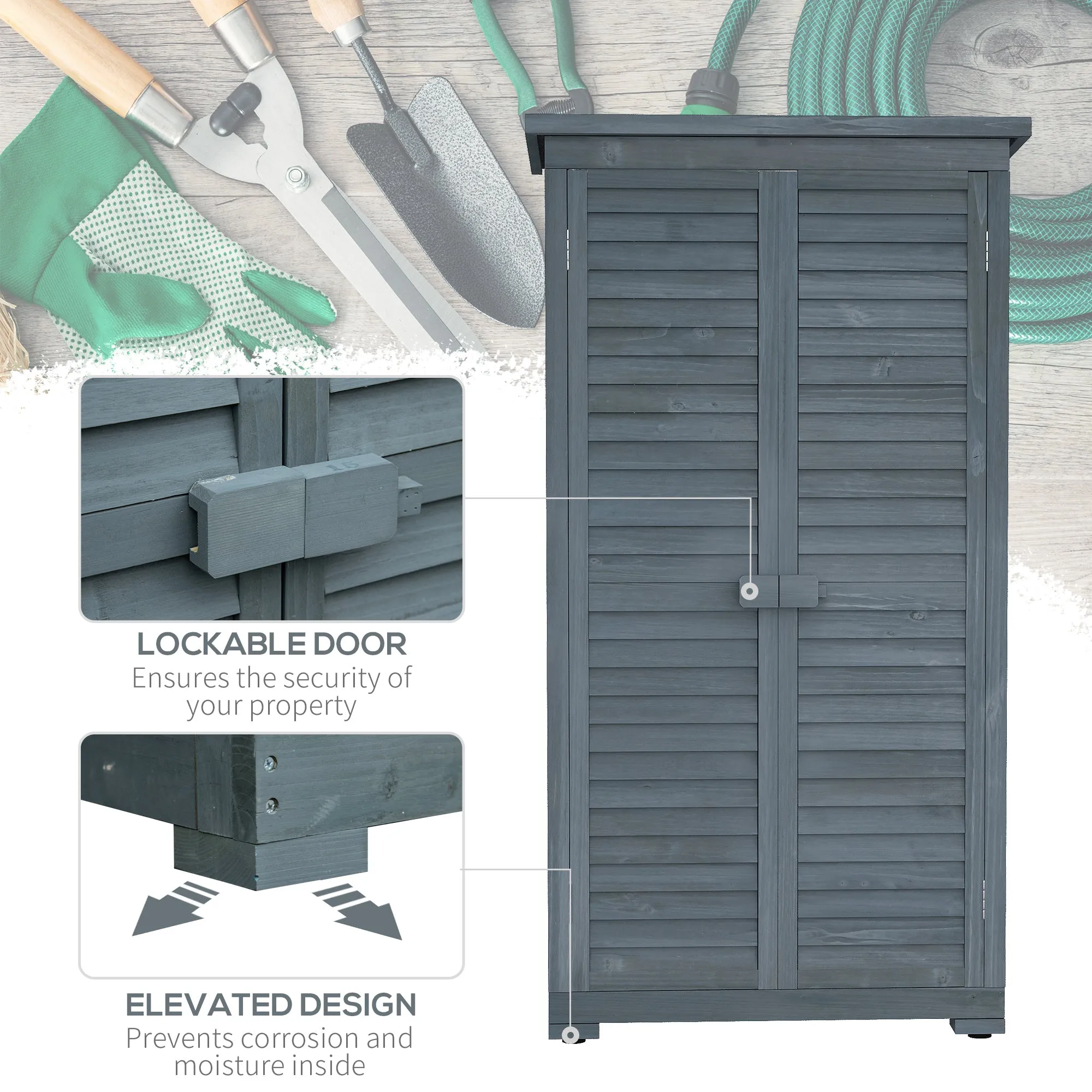 Wooden Garden Storage Shed, 3 Shelves Tool Cabinet, Grey